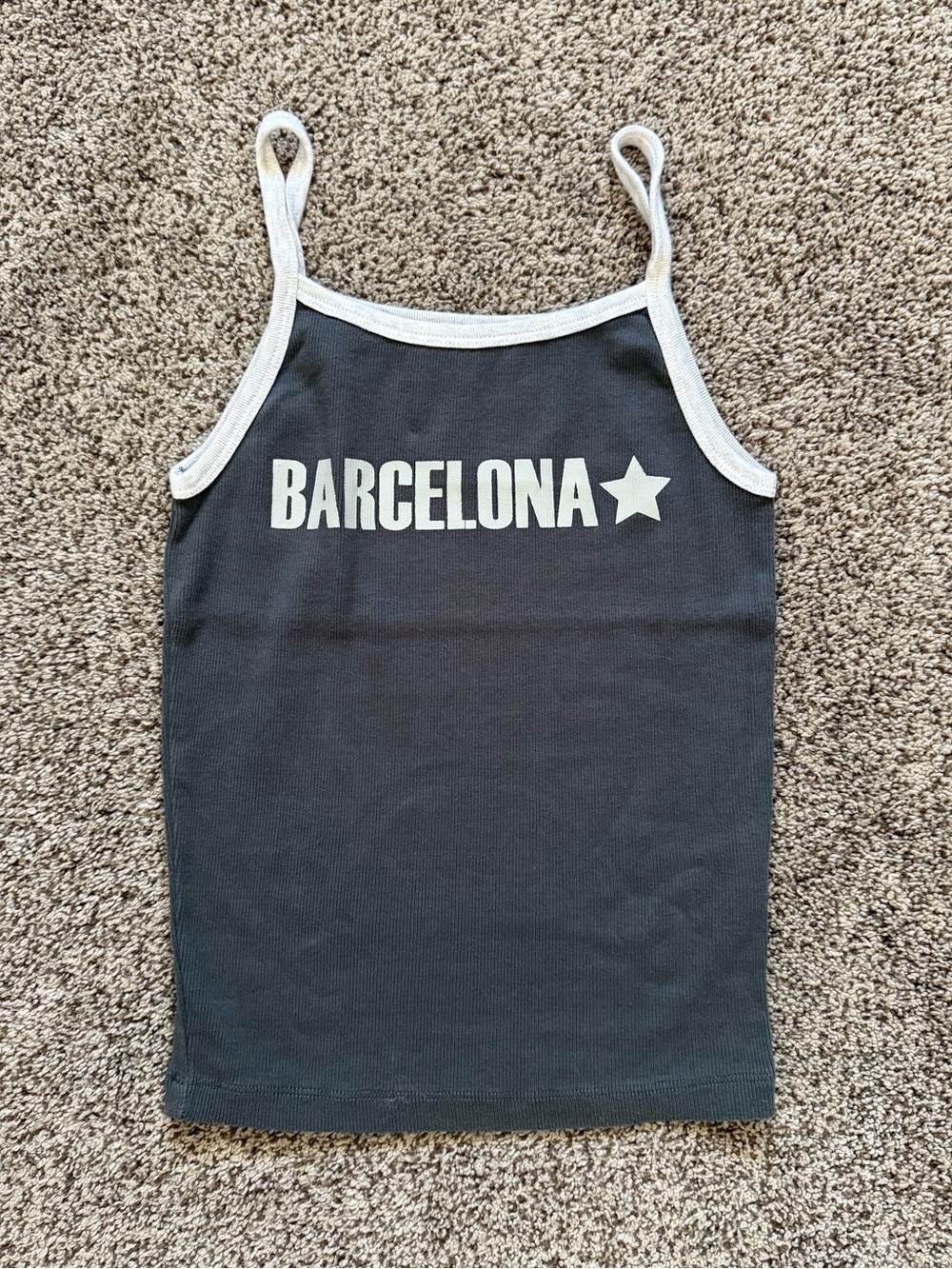 Harlow Grey Tank Top With White Trim And Bold Barcelona Text And Star Graphic